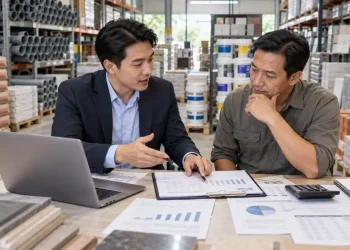 Konsultan bisnis melakukan audit strategi pricing bahan bangunan bersama pengusaha distributor