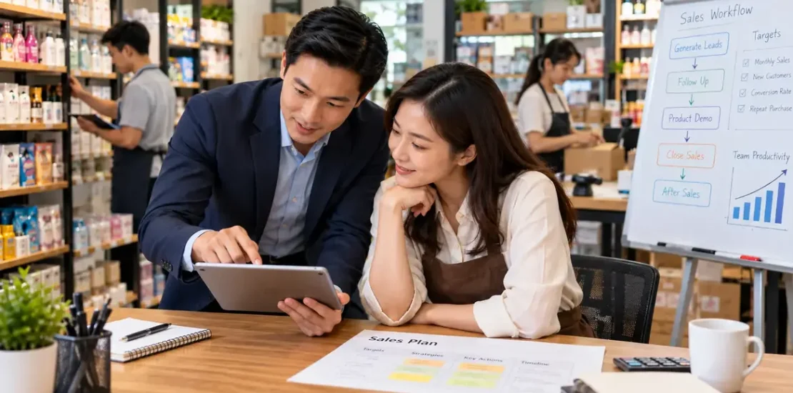 Konsultan bisnis membantu pengusaha retail mendesain sistem sales yang efektif untuk meningkatkan produktivitas tim