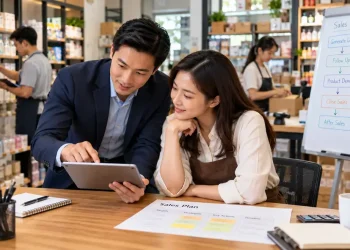 Konsultan bisnis membantu pengusaha retail mendesain sistem sales yang efektif untuk meningkatkan produktivitas tim